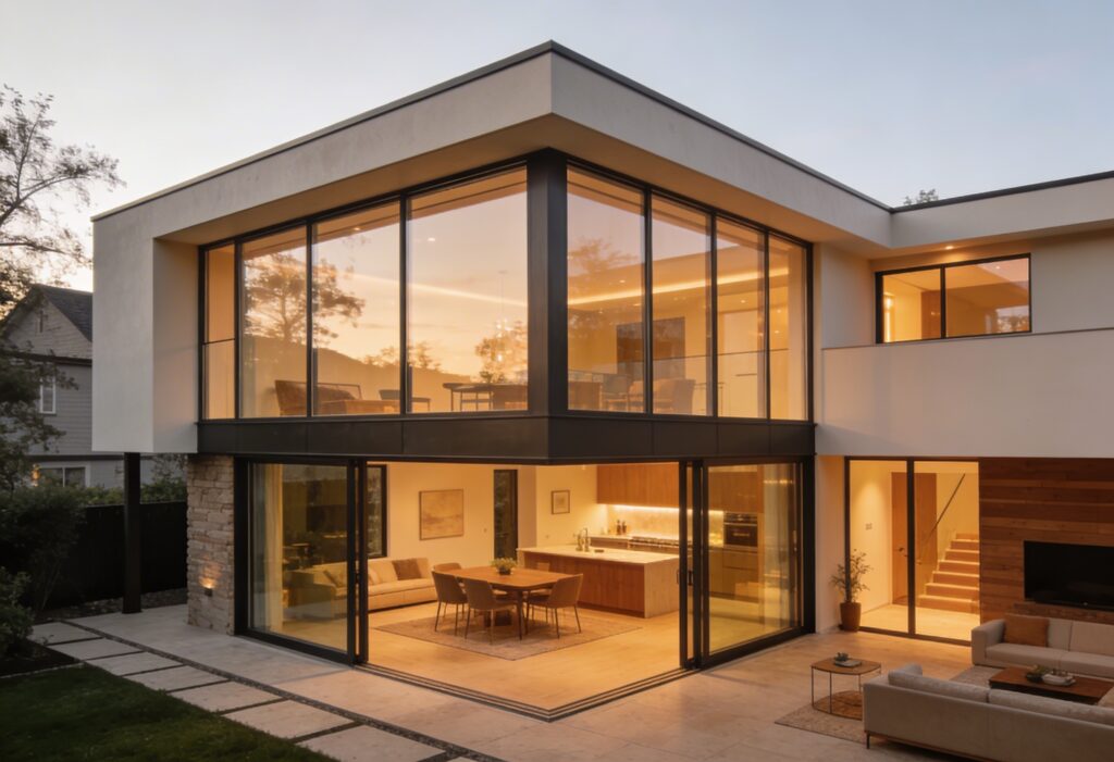 Modern home with seamless glass room addition at dusk design