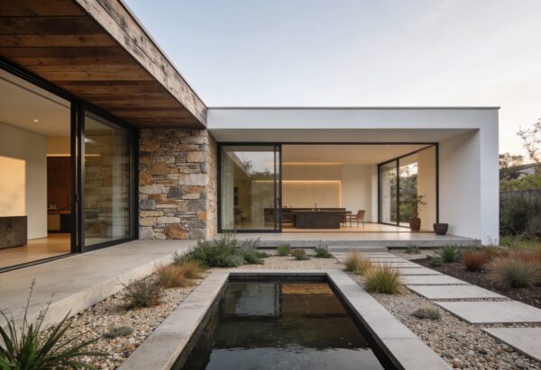 Modern house with seamless room addition and glass walls