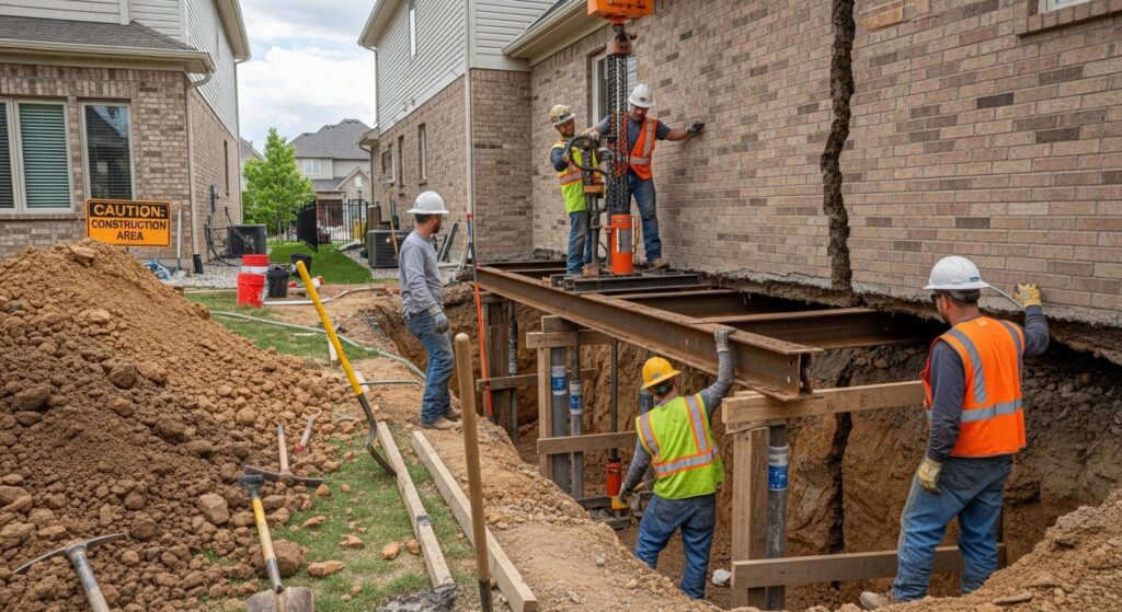 Workers installing steel beams to repair damaged house foundation