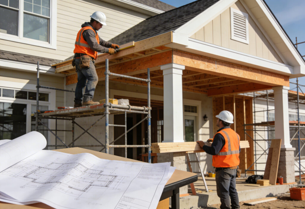 Contractors building home addition with plans and scaffolds
