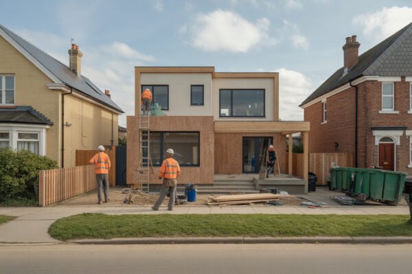 Builders working on modern home extension project site work