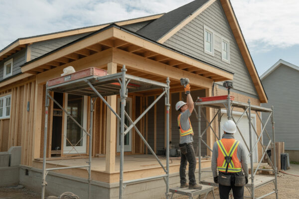 Contractors building house addition with scaffolding wood on