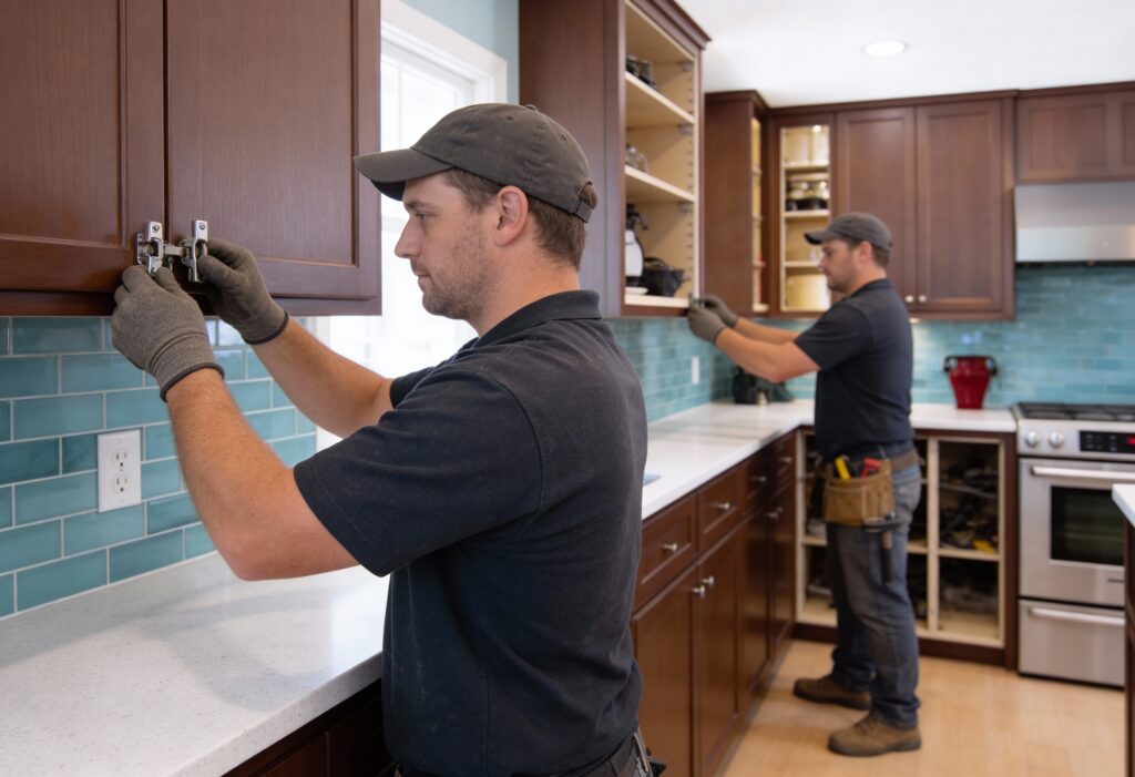 Contractors installing upper kitchen cabinets carefully