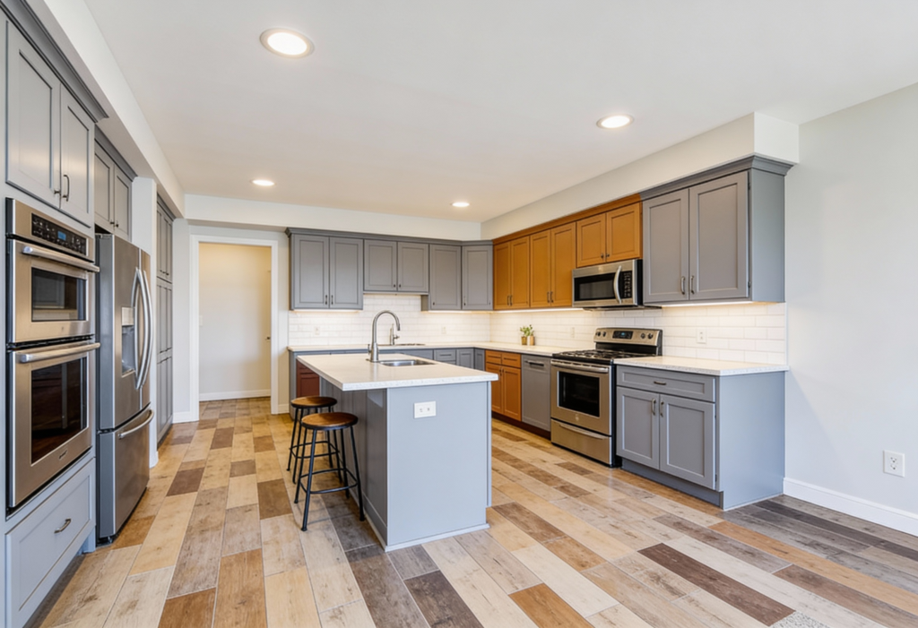Modern kitchen remodel with island, new cabinets, and lighting